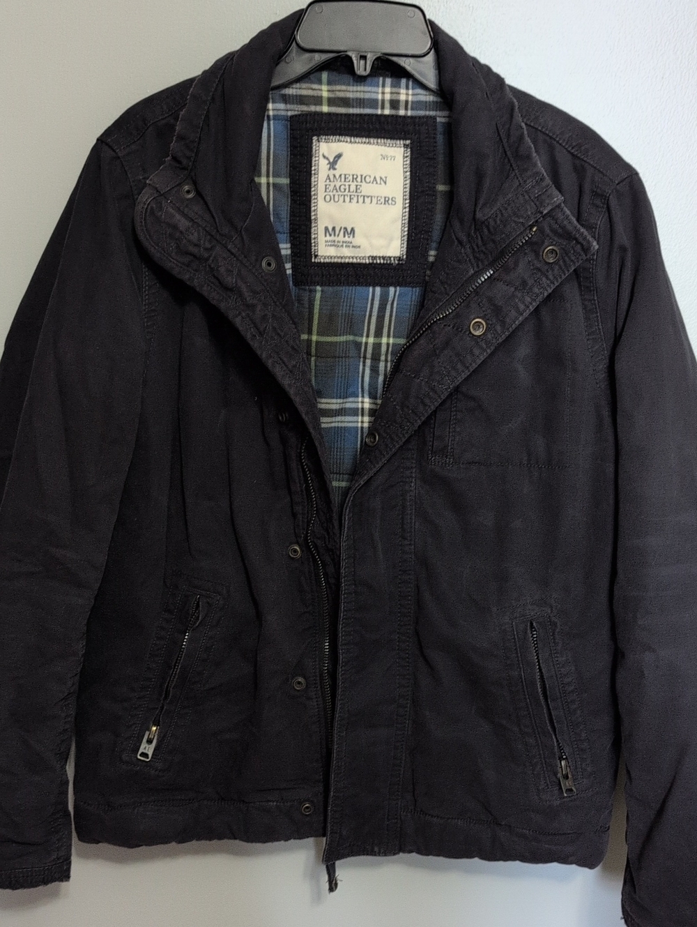American Eagle Outfitters Black Military Field Jacket with Plaid Lining Mens Med